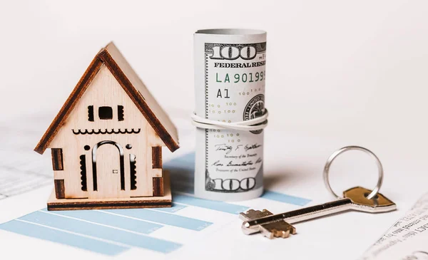 Modelo Miniatura Casa Dinero Documentos Inversión Bienes Raíces Casa Vivienda — Foto de Stock