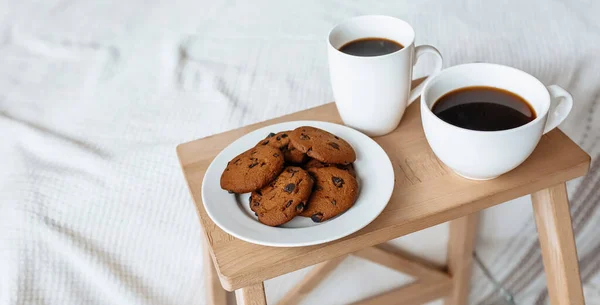 Breakfast Bed Hot Coffee Oatmeal Cookies Chocolate Wooden Tray — Stock Photo, Image