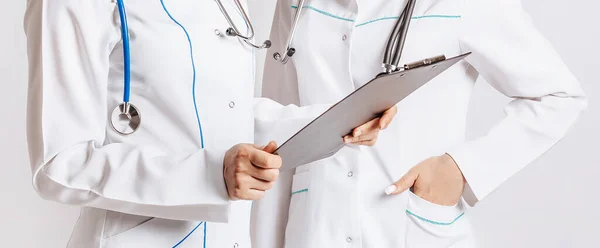 Medical Documents Two Doctors Stethoscope Hospital Nurse Hold Patient Medical — Stock Photo, Image