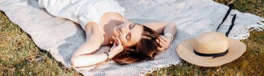 Baharda parkta hasır şapkalı pikniğe giden bir kız. Esmer, uzun saçlı, yaz doğasının arka planında bir ekose üzerinde yatıyor. Gençlik ve güzellik.