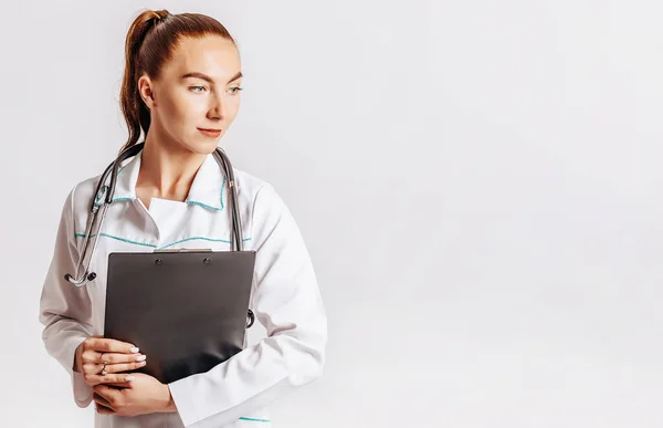 Medical Documents Doctor Stethoscope Hospital Girl Folder Nurse Hold Patient — Stock Photo, Image