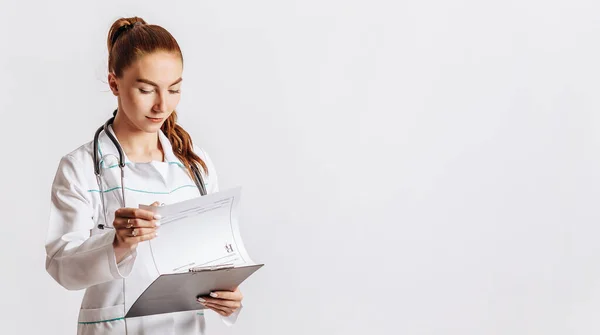 Medical Documents Doctor Stethoscope Hospital Girl Folder Nurse Hold Patient — Stock Photo, Image