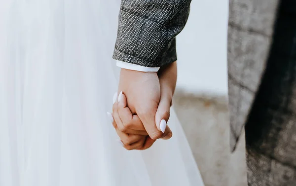 Bride Groom Hold Hands Couple Together Man Woman Wedding Day — Stock Photo, Image
