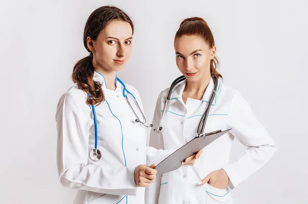 Medical Documents Two Doctors Stethoscope Hospital Nurse Hold Patient Medical — Stock Photo, Image