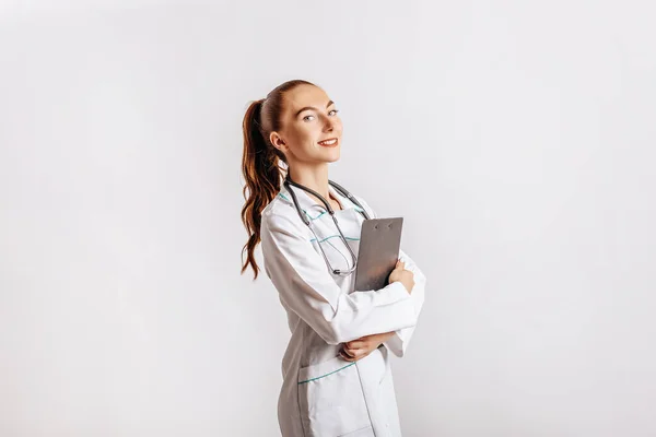 Medical Documents Doctor Stethoscope Hospital Girl Folder Nurse Hold Patient — Stock Photo, Image