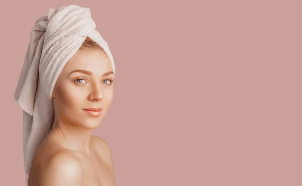 Beautiful Sensual Young Girl Clean Skin Pink Background Mockup Topless — Stock Photo, Image