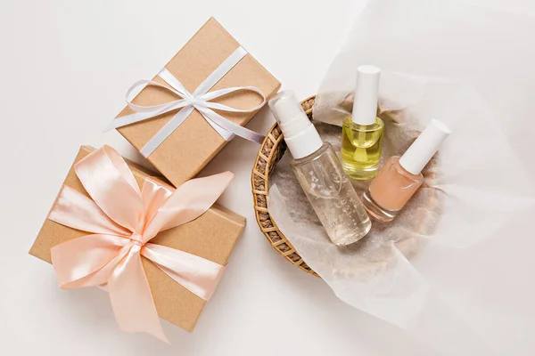 Organic Cosmetics Gifts Holiday Flat Lay Top View Clear Glass — Stock Photo, Image