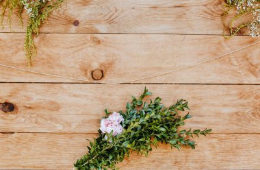 Bitkiler ve çiçeklerle süslenmiş hafif ahşap. Ahşap desen arka plan modelleme arkaplanı