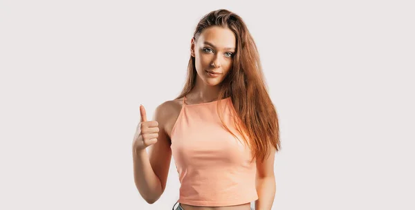 Beautiful Young Girl Smiling Shows Thumbs Gesture Hand White Isolated — Stock Photo, Image