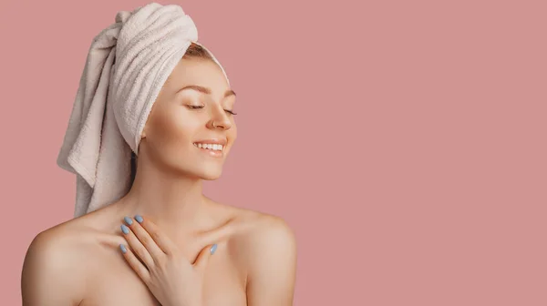 Beautiful Sensual Young Girl Clean Skin Pink Background Mockup Topless — Stock Photo, Image