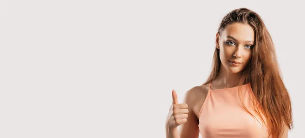 Beautiful Young Girl Smiling Shows Thumbs Gesture Hand White Isolated — Stock Photo, Image