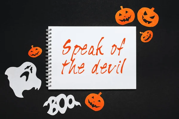 할로윈 Notepad Text Speak Devil Black Background Bat Pumpkins Ghosts — 스톡 사진