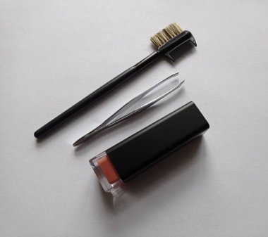 Kaş ve kirpik fırçası, cımbız, ruj.