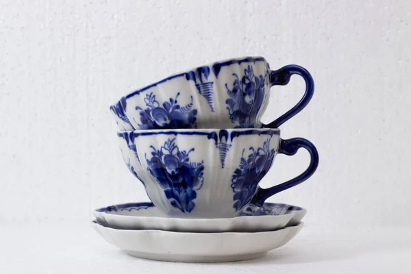 Hand Painted Porcelain Cups Blue Flowers Stand Table — Stock Photo, Image