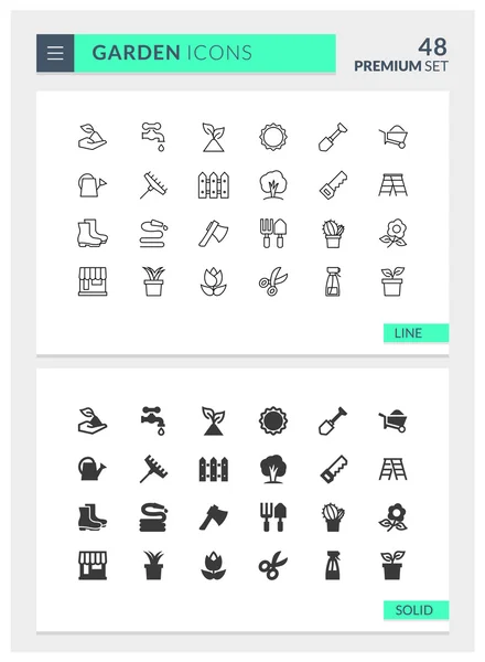 Premie tuin solide en lijn Vector pictogramserie — Stockvector