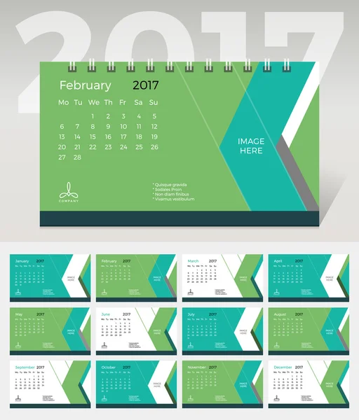2017 Vector abstrakcyjny wielokolorowy szablon kalendarza. Zielony dynamiczny stylowy szablon kalendarza. — Wektor stockowy