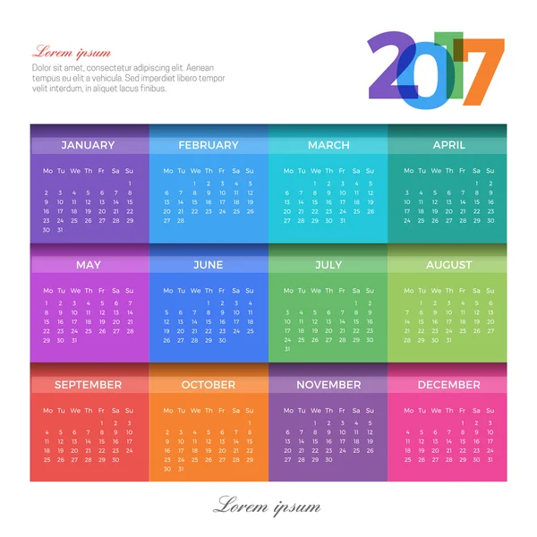 2017 Vektor abstrakte bunte Kalendervorlage. bunte monatliche Kalendervorlage. — Stockvektor