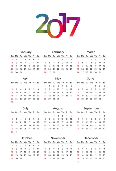 Calendar 2017 Vector template with week starting on sunday in white background — Stock Vector