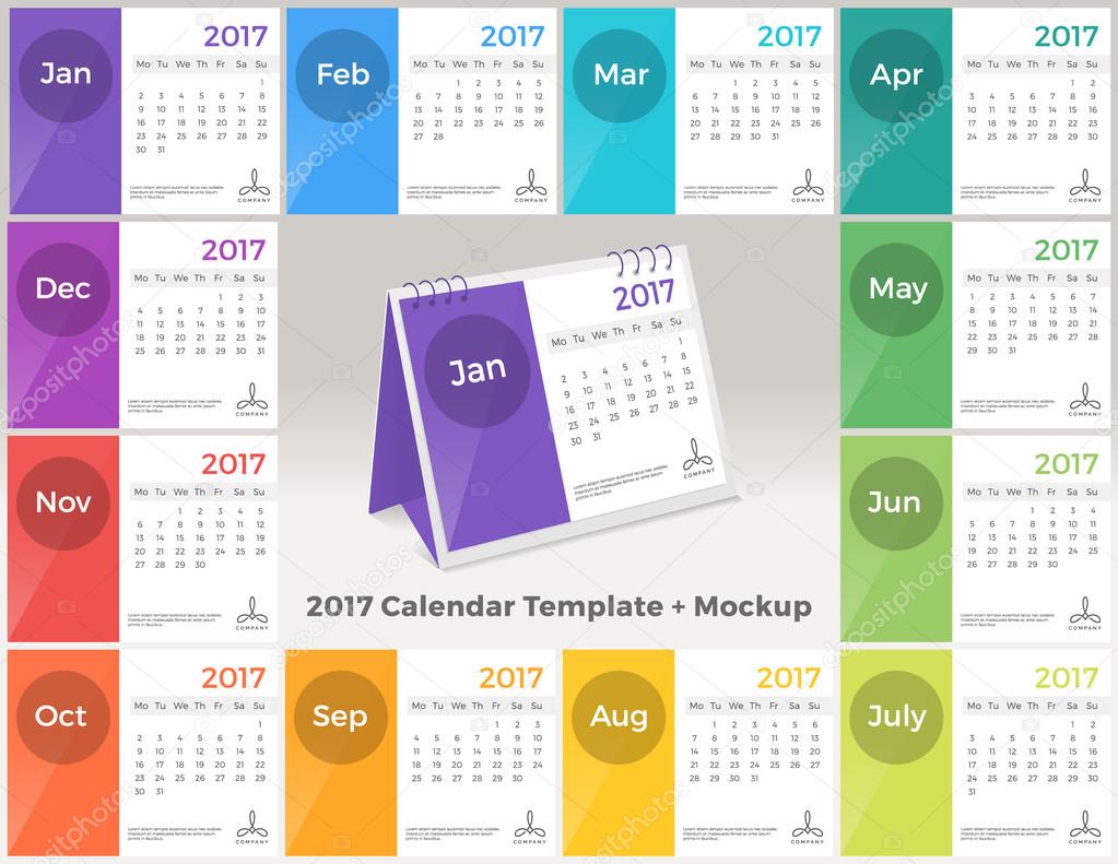 2017 Vector abstract multicolored calendar template. Desk Calendar mockup template design.