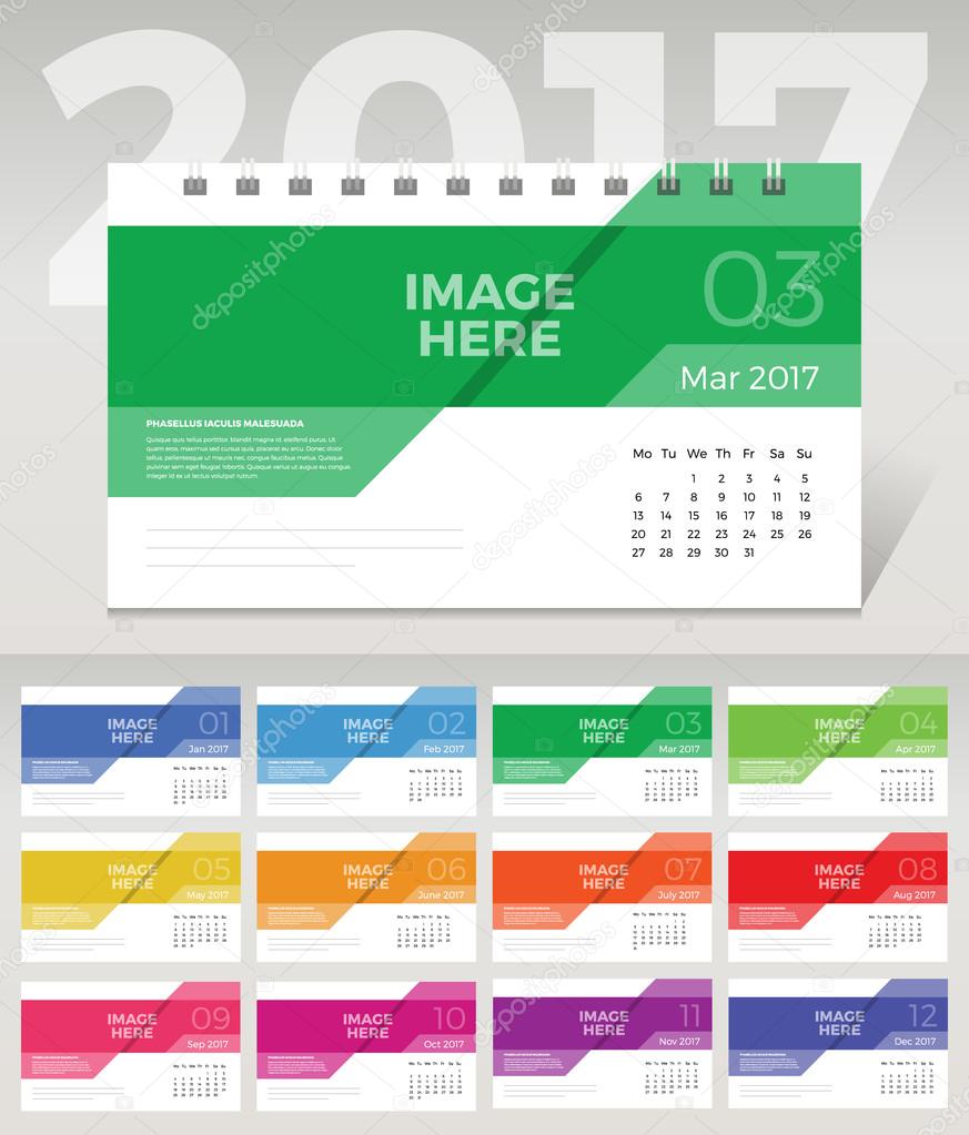 2017 Vector abstract multicolored calendar template. Dynamic stylish calendar template.