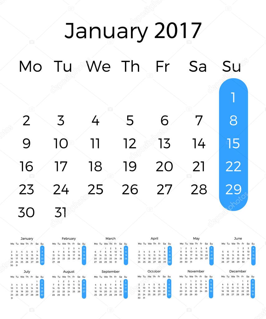 Calendar 2017 Vector template with week starting Monday in white ...