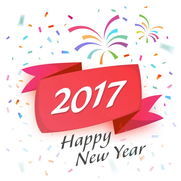 Mutlu yeni yıl 2017 kutlama kırmızı kurdele fireworks tasarım — Stok Vektör