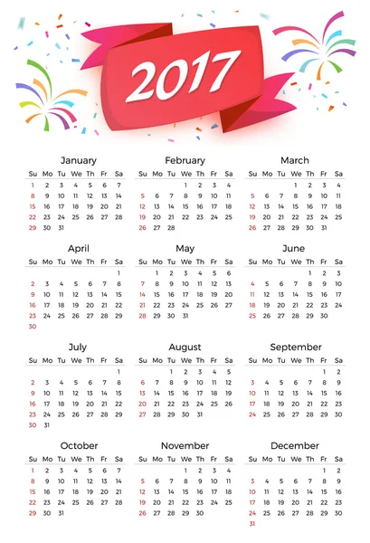 Kalender 2017 Vector viering sjabloon met week begint op zondag op witte achtergrond — Stockvector