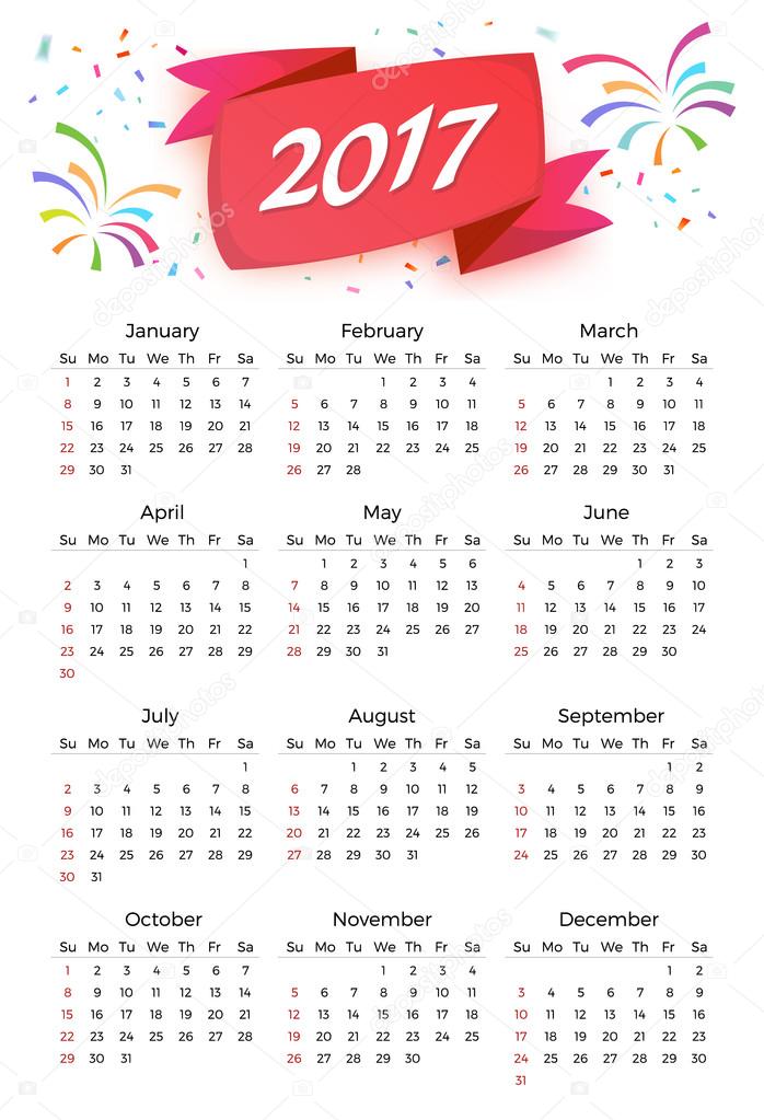 Calendar 2017 Vector Celebration template with week starting on sunday in white background