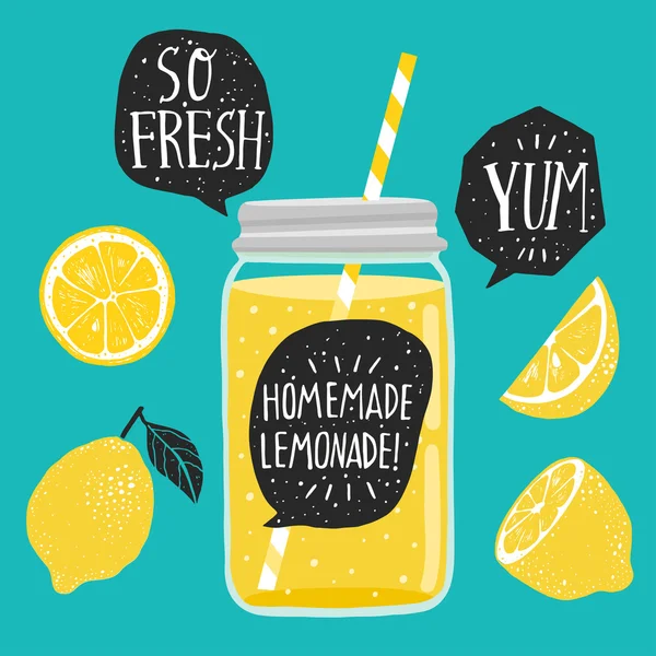Limones, rodajas de limón, tarro — Vector de stock