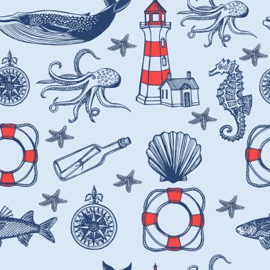 Elle çizilmiş deniz vintage seti