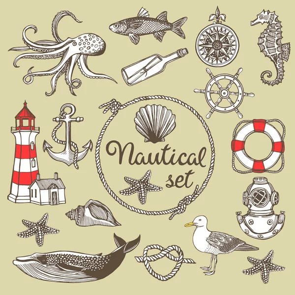 Set náutico vintage dibujado a mano — Vector de stock