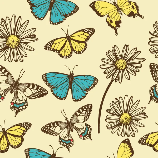 Mariposas, fondo de manzanilla — Vector de stock