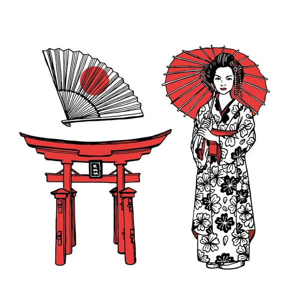 Handgezeichnetes Set mit Geisha — Stockvektor