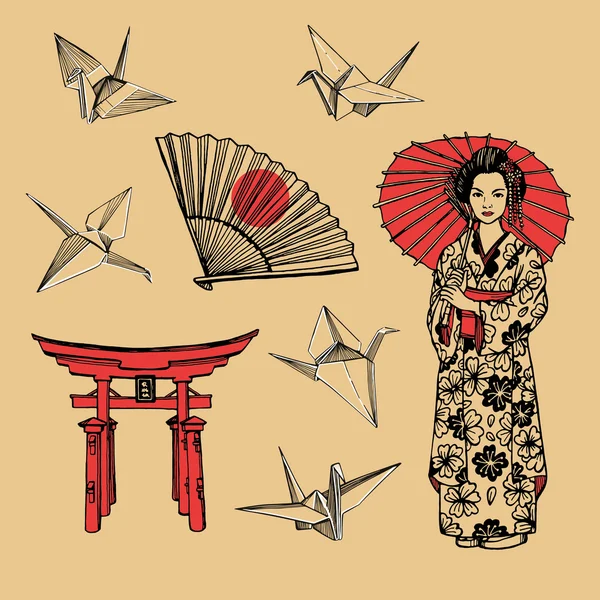 Handgezeichnetes Set mit Geisha — Stockvektor