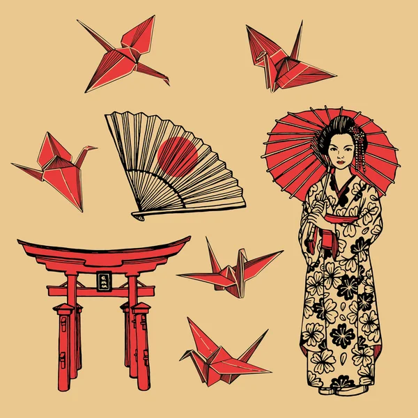 Handgezeichnetes Set mit Geisha — Stockvektor