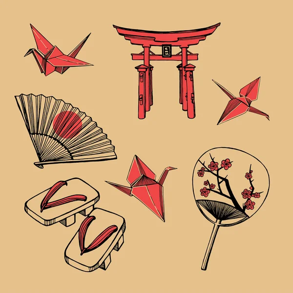 Dibujado a mano conjunto japonés . — Archivo Imágenes Vectoriales