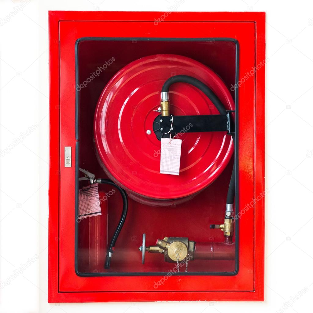 Fire safety equipment in the red box on wall cement
