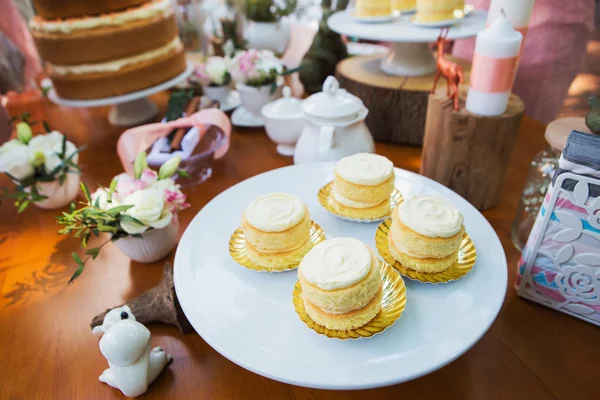 Mesa de postres con pasteles decorados para una fiesta al aire libre —  Fotos de Stock