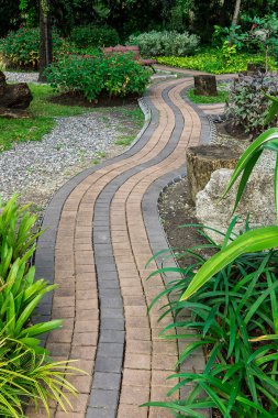 Parktaki yeşil çimenli taş blok patikası.