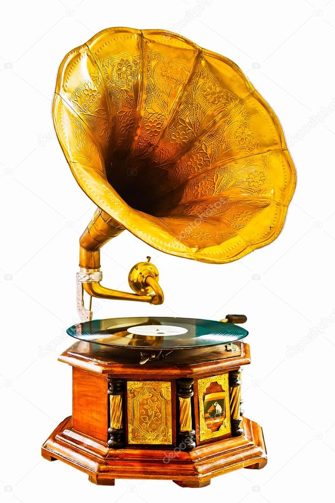 Golden gramophone isolated on white. Clipping path included