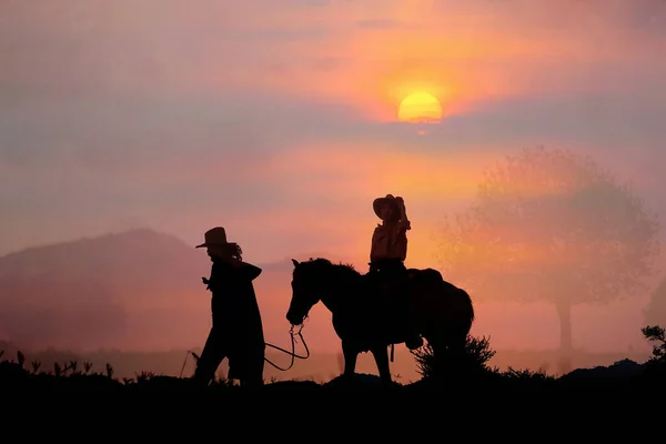 Het Silhouet Van Cowboy Ondergaande Zon — Stockfoto