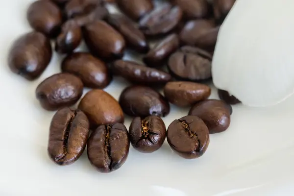 Bruine koffiebonen geïsoleerd op witte achtergrond — Stockfoto
