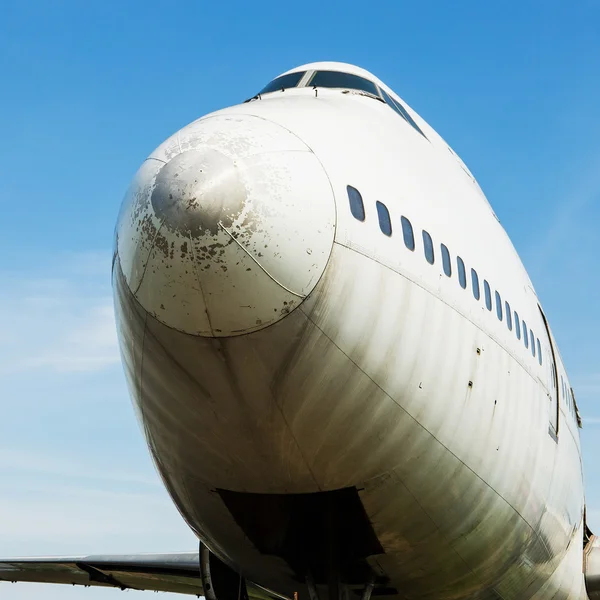 Close up view of a vintage propeller passenger and cargo airplan