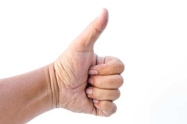 Bir başparmak beyaz bir arka plan üzerinde tutan adam el.