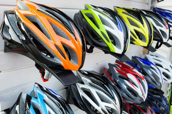 Bicycle helmets arranged beautifully.