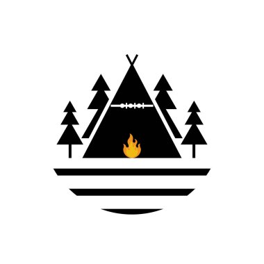 Kamp logosu, simge, amblem için logo elemanı. Açık hava aktivite sembolü. Kamp malzemeleri kiralama yeri için odun ateş çadırı logosu.