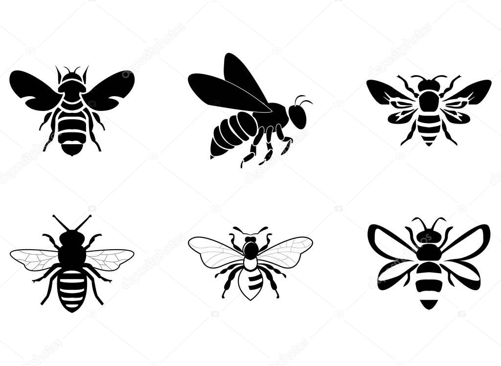 Six icons, logo, bee silhouette, simple design set, vector eps 10