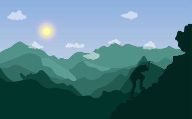 Vektör grafik çizimi, insanların dağa tırmanması, siluet konseptiyle. Posterler, afişler, arka planlar, Dağcılık Günü, dağ günü için mükemmel..