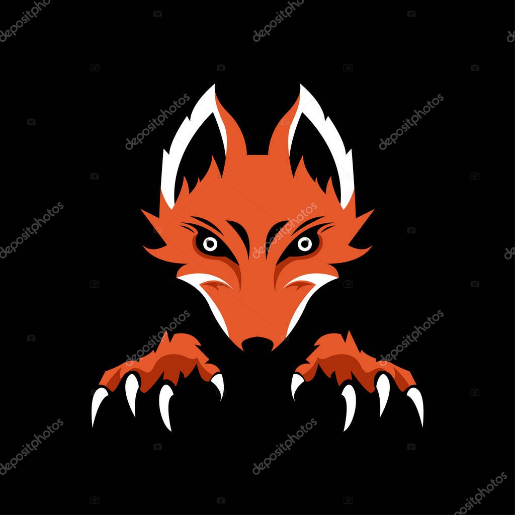 Vector illustration, Fox head Logo Template with two forelegs, isolated on black background