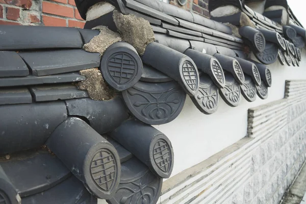 Pared Tradicional Coreana Con Techo Clásico Muy Cerca — Foto de Stock